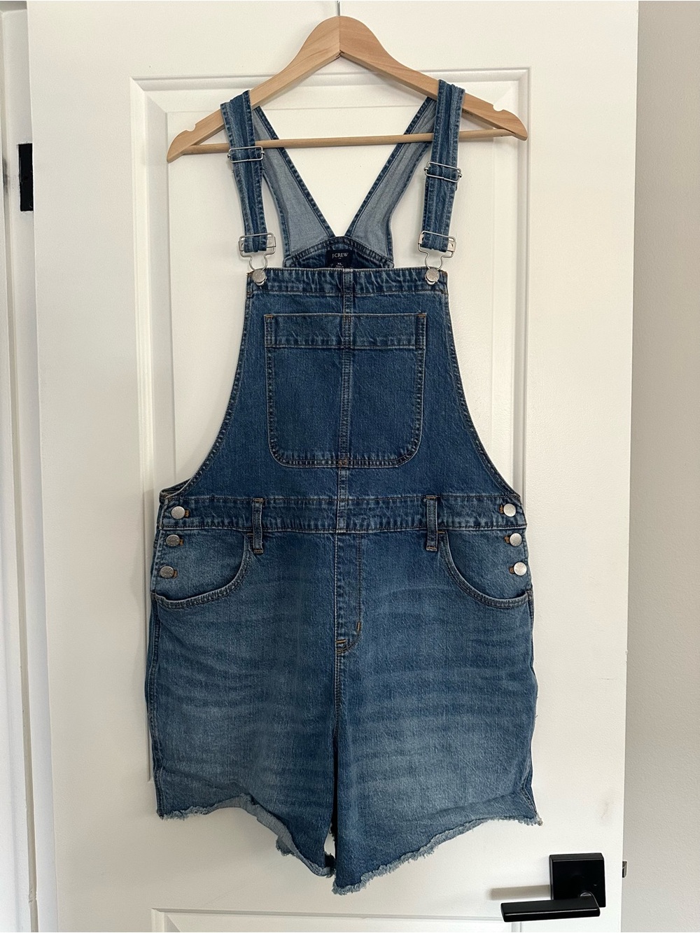 J Crew Raw Hem Denim Shortalls, Size XL